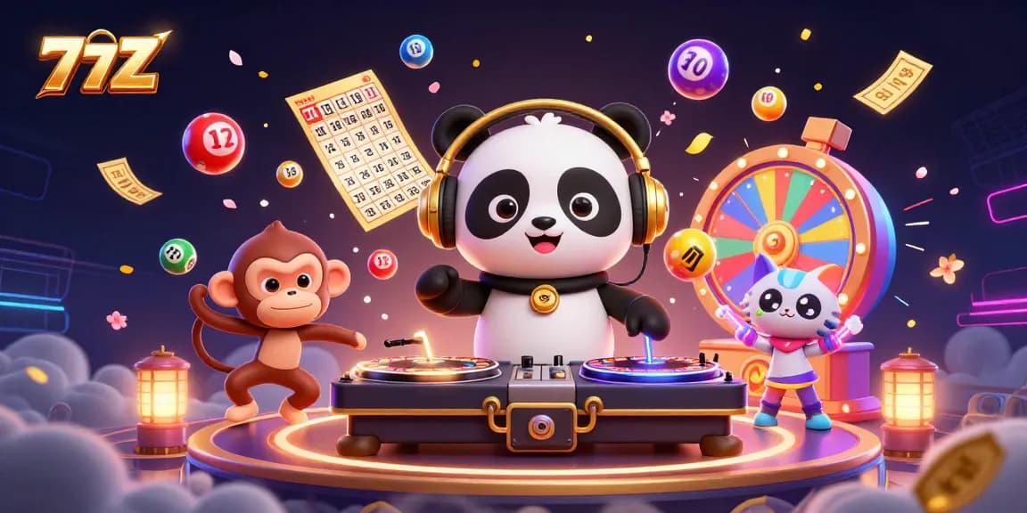 77Z traz diversão e emoção com o panda DJ e o macaco dançarino em um cenário vibrante.