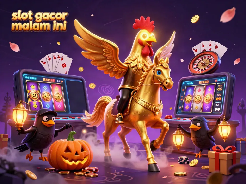 Experience excitement with slot gacor malam ini showcased by a golden rooster and magical casino elements.