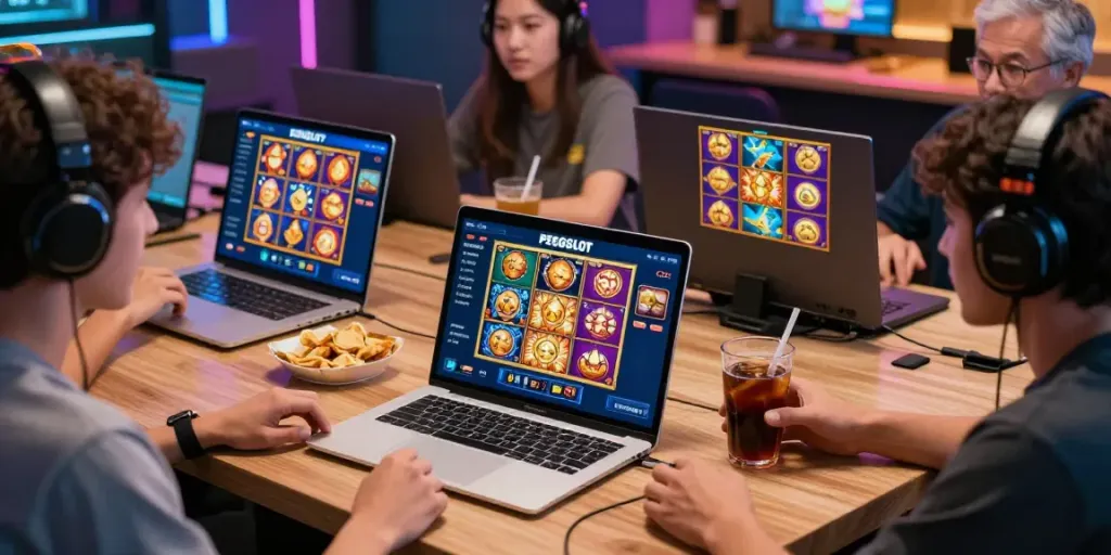 Exciting PESGSLOT online gaming scene with diverse players and colorful slot game displays.