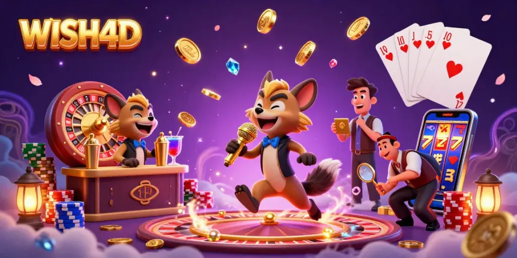 WISH4D hyenas entertaining in a vibrant casino scene with golden coins cascading.