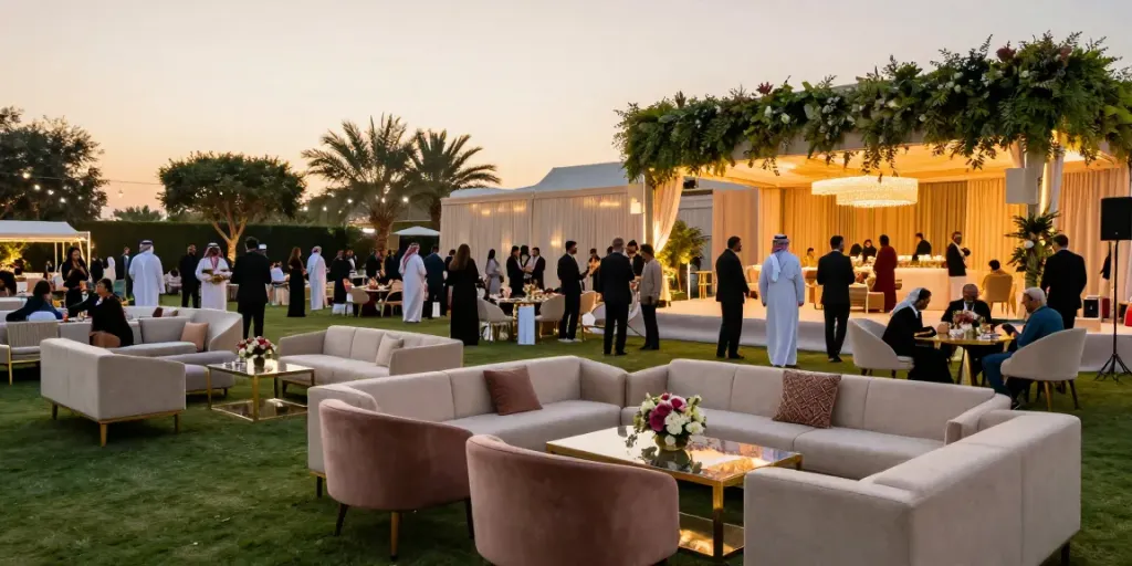 Elegant outdoor event furniture rental setup with luxury seating and decor in Saudi Arabia.