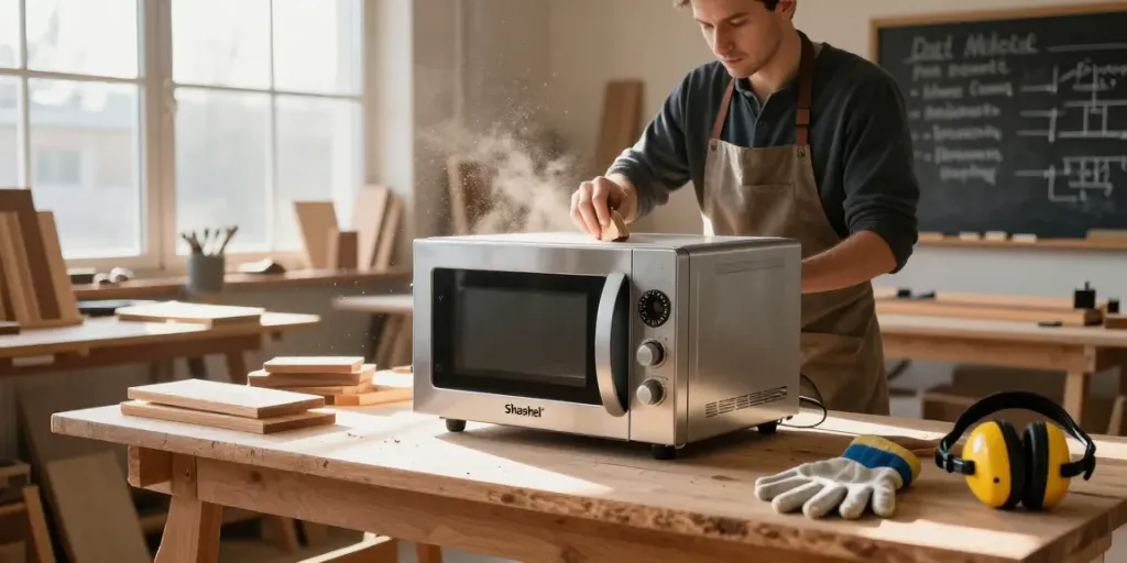 Shashel® microwave device effectively eliminates wood-boring insects in a modern woodworking workshop.