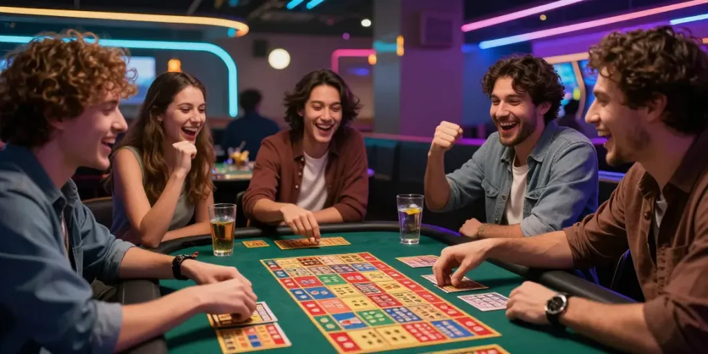 Suasana bermain ratutogel dengan teman-teman, kartu berwarna cerah dan cahaya neon.