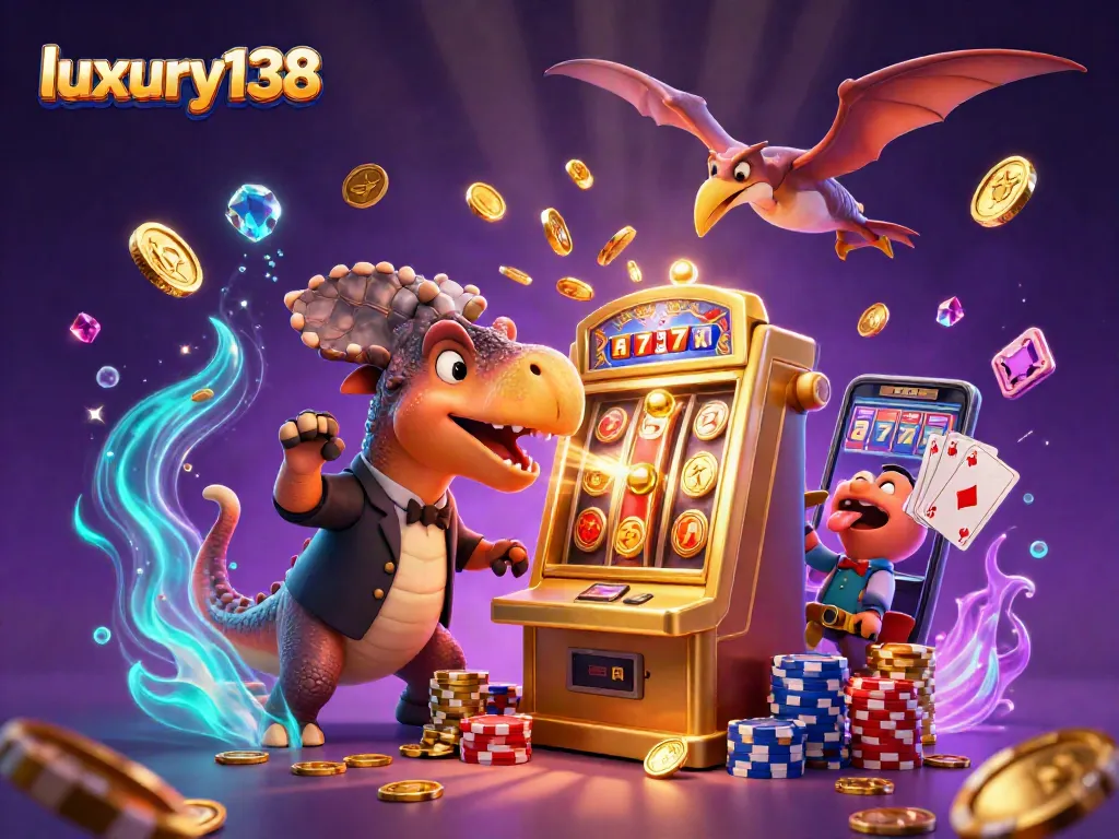 luxury138 slots scene with cartoon dinosaurs and jackpot action featuring golden coins and vibrant colors