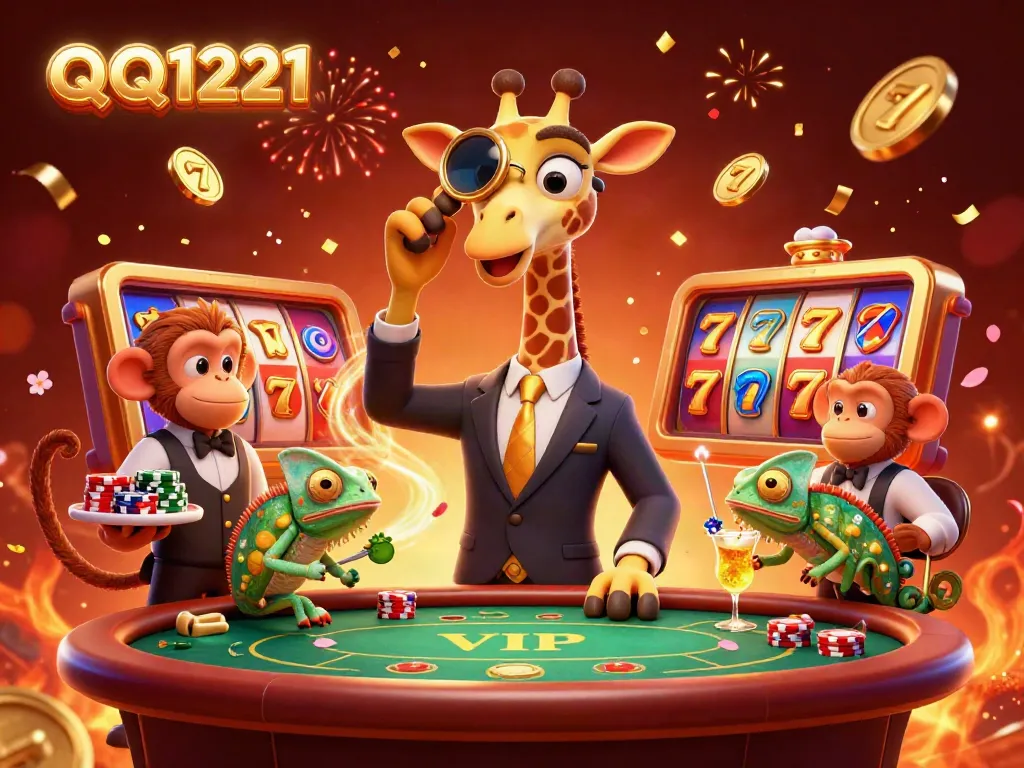 Experience exciting casino gameplay with QQ1221 featuring high-roller giraffe, monkey valet, and chameleon bartender.