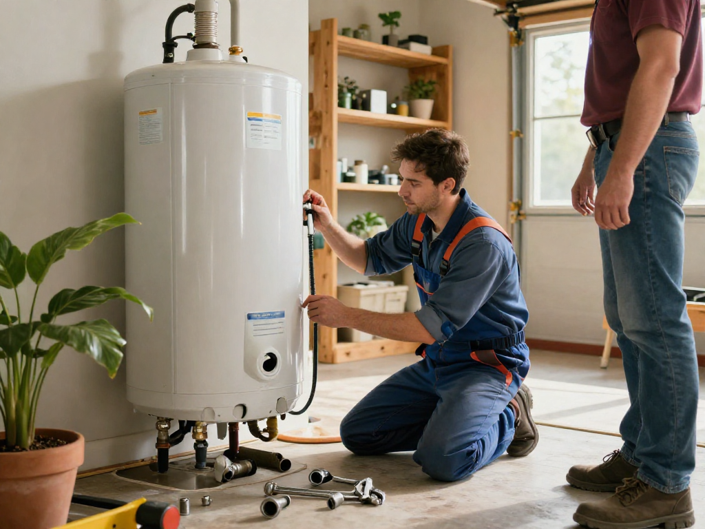 Expert plumber performing water heater replacement Fort Worth in a bright home garage.
