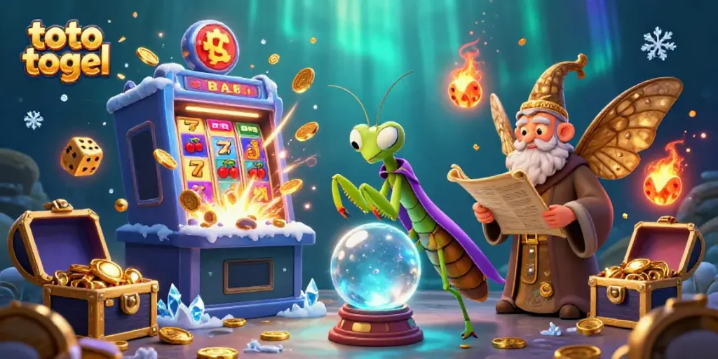 Ilustrasi topo togel dengan karakter penjaga keberuntungan dan mesin slot yang penuh warna.