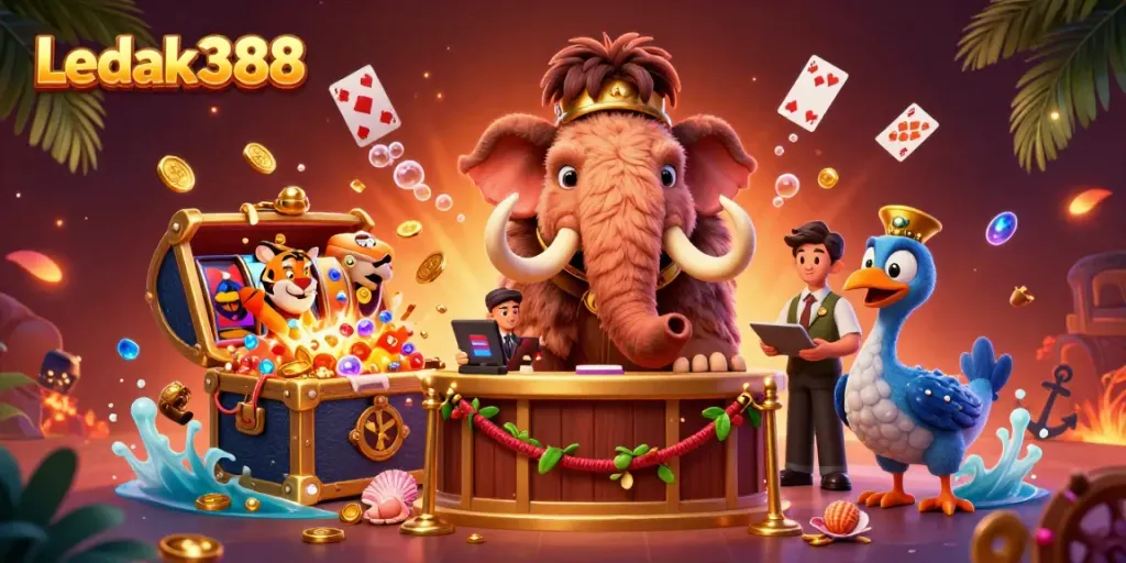 Experience exhilarating gameplay at Ledak388 with the vibrant casino-themed scene featuring unique characters.