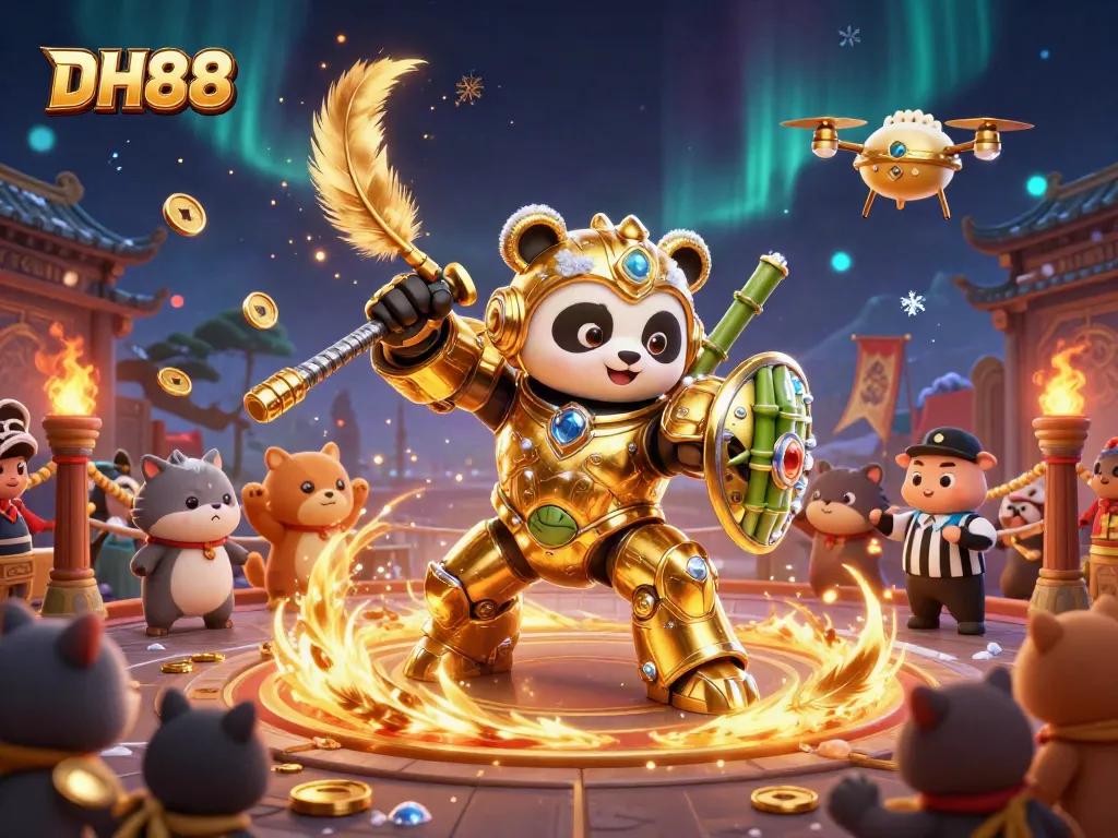 Engage with DH88's dynamic gaming scene featuring a golden panda robot in action.
