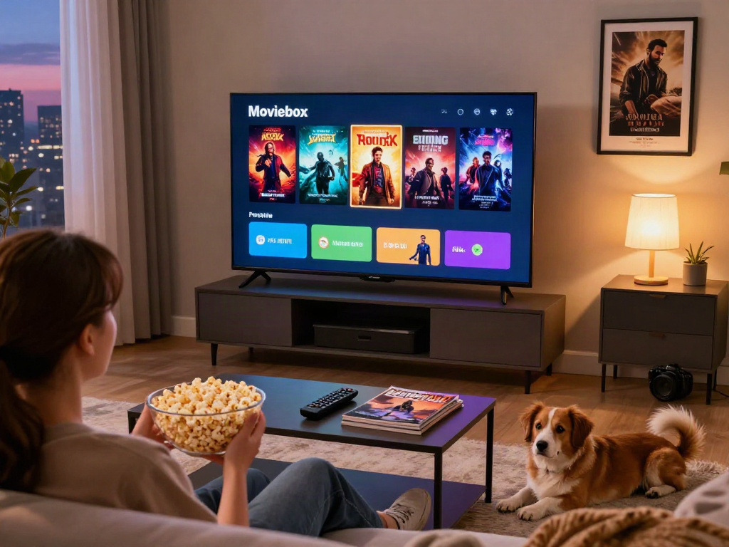 Enjoying a Moviebox streaming session at home with popcorn and cozy decor.