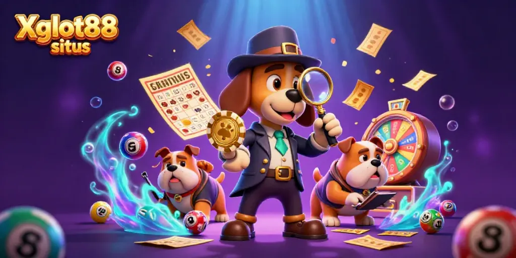 Menggali informasi di Xgslot88 situs dengan detektif anjing dan bulldog, dikelilingi elemen jackpot.