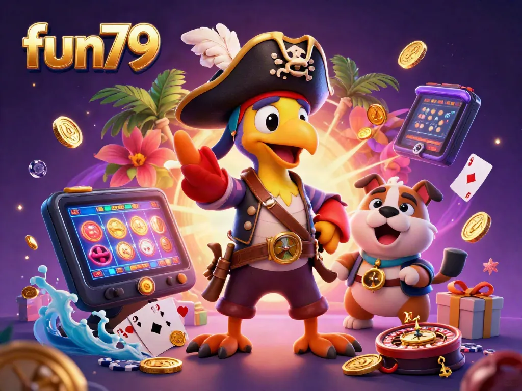 Win big at fun79 with an exciting 3D scene featuring a pirate captain, bulldog, and cat amidst vibrant casino elements.