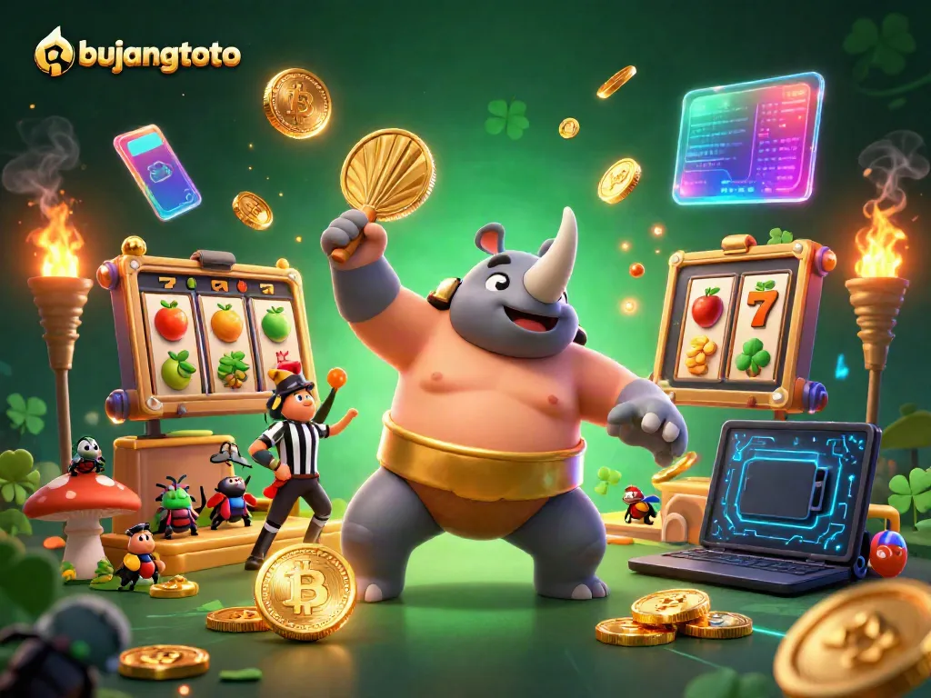 Experience the excitement of bujangtoto with a sumo beetle champion winning big amidst a vibrant casino scene.
