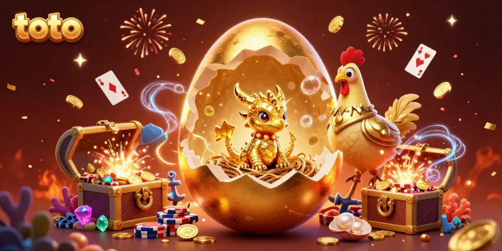 Engage with the exhilarating world of toto as a golden dragon emerges from an egg amidst poker chips.