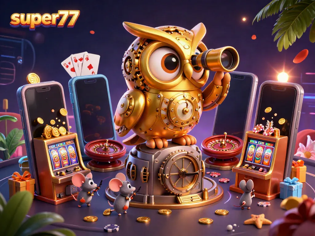 Experience excitement at super77 with an owl and mouse patrons in a vibrant casino setting.