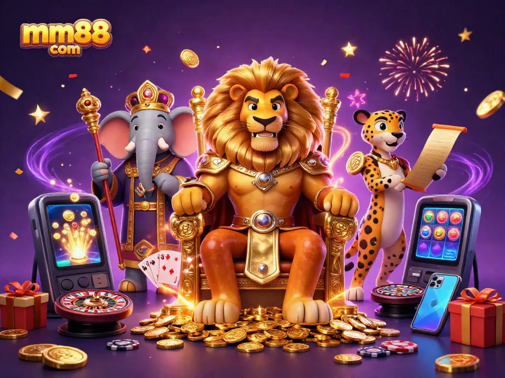Experience the excitement of MM88 com with a vibrant 3D casino scene featuring a lion king, elephant, and cheetah surrounded by gaming elements.