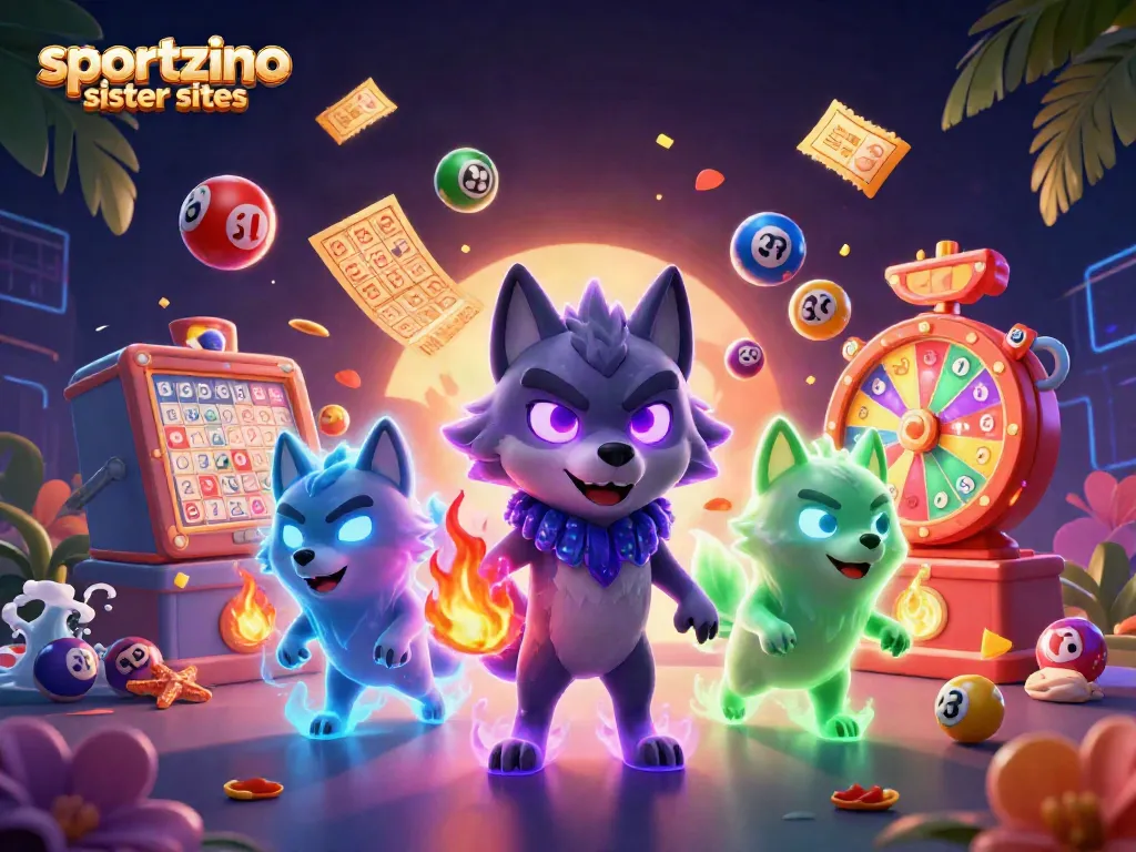 Winning strategies at sportzino sister sites, showcasing a dynamic casino scene with glowing wolves and games.