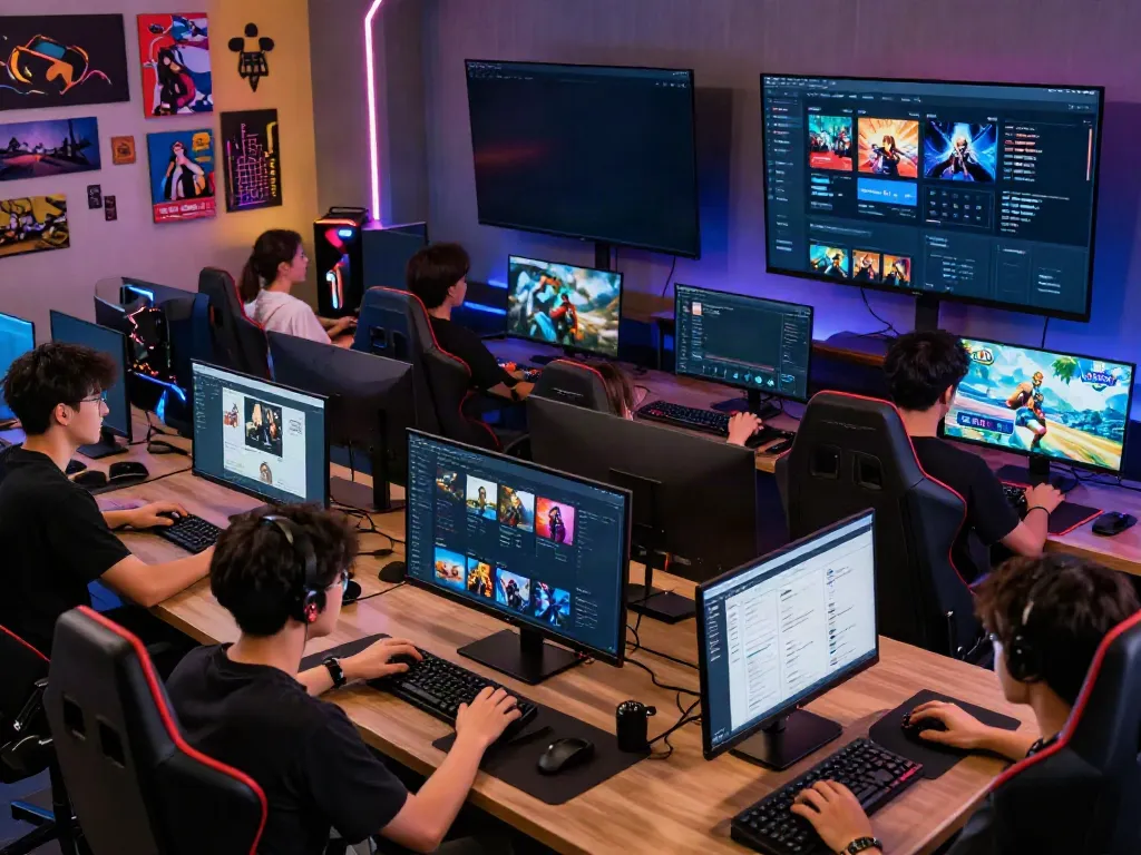 Vibrant luxury12 gaming platform scene with diverse players exploring elegant game categories and live statistics.