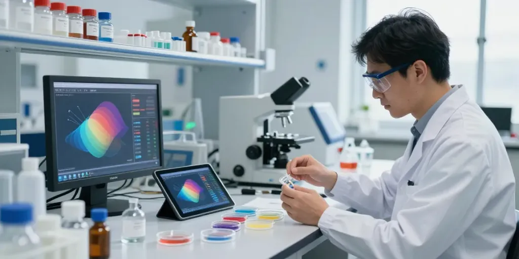 Researcher analyzing peptide.price in a modern lab setting.