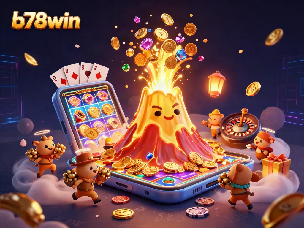 Spin to win at b78win with this vibrant, treasure-filled casino scene featuring a golden volcano.