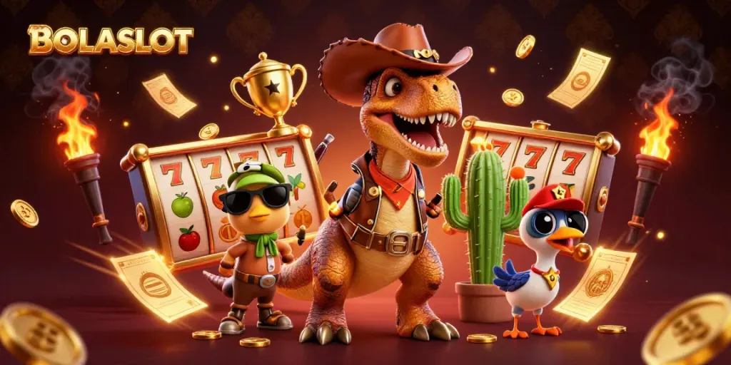 BOLASLOT showcases a thrilling slot gaming scene with a cowboy T-Rex, cactus, and roadrunner amidst dynamic game elements.