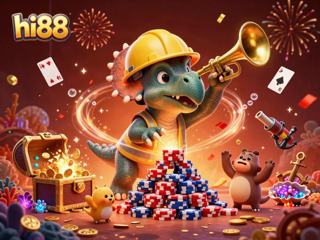 hi88 engages players in a vibrant 3D casino scene with a triceratops and celebrating creatures.