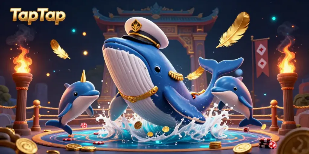 Engage with the TapTap experience featuring a cartoon whale, narwhal, and dolphins in a vibrant casino scene.