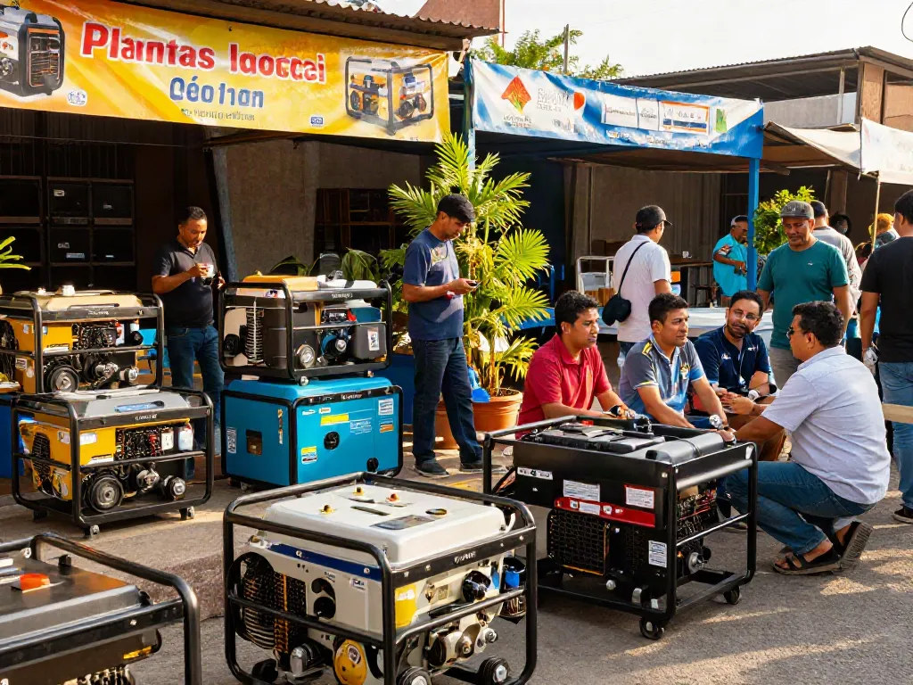 Plantas eléctricas en Venezuela en un bullicioso mercado de generadores eléctricos, donde las personas interactúan con vendedores.