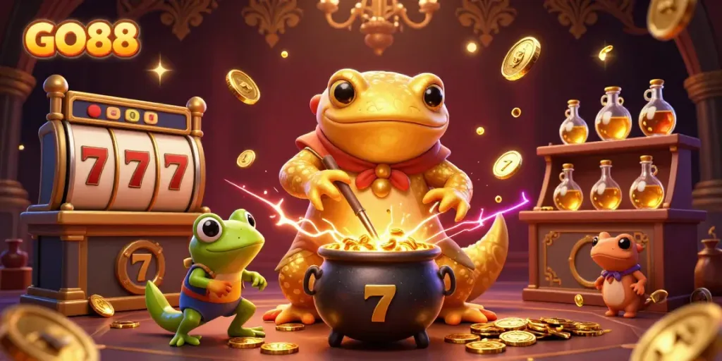 Experience the thrill of gaming with GO88's vibrant 3D alchemist scene showcasing captivating casino elements.