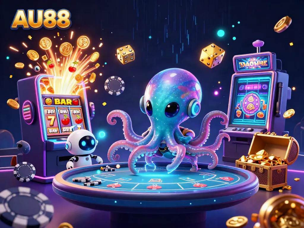 Engaging AU88 casino experience with a cosmic twist featuring an alien octopus at a holographic poker table.