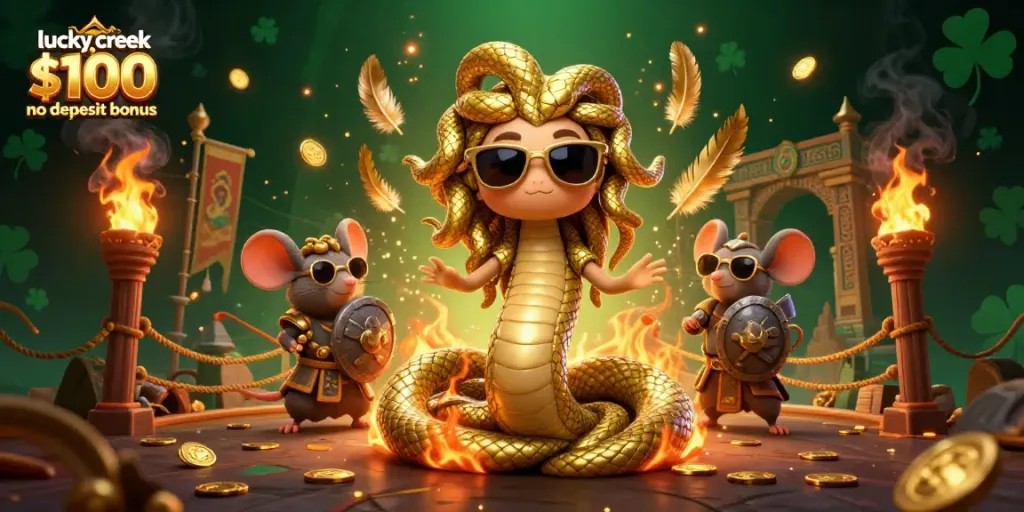 Claim the lucky creek $100 no deposit bonus with this vibrant casino illustration capturing thrilling gaming elements.