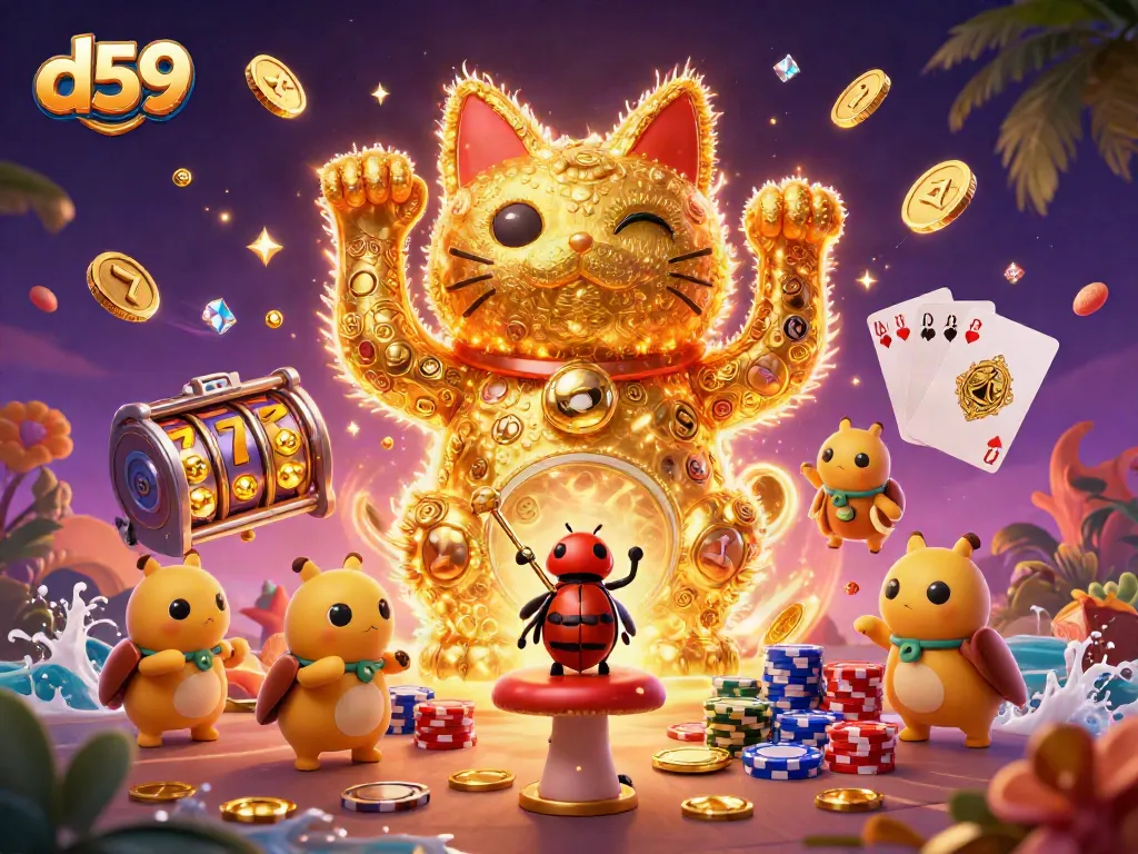 D59 showcases vibrant slot symbols with a lucky cat and fireflies in a dynamic casino setting