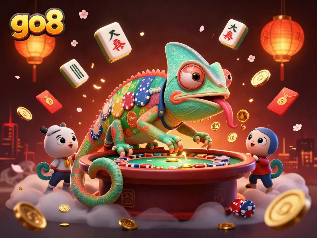 Engage with go8-themed casino excitement, featuring a vibrant chameleon owner amidst glowing gambling elements.