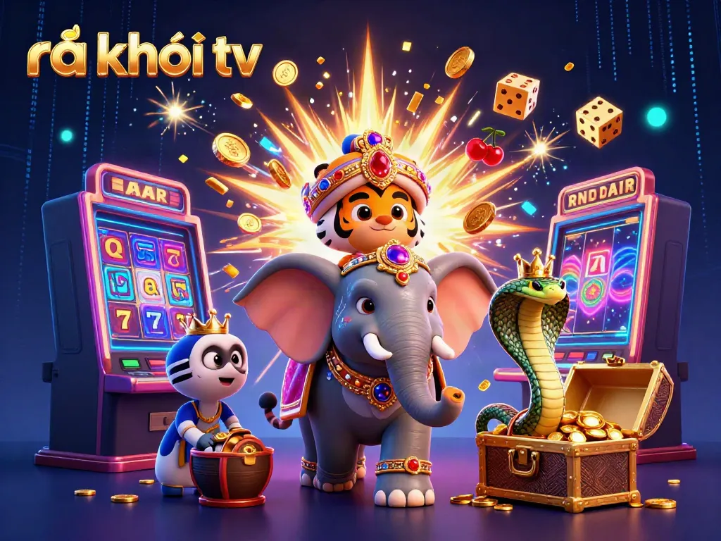 Experience the excitement of ra khơi tv with animated mascots and vibrant casino imagery.