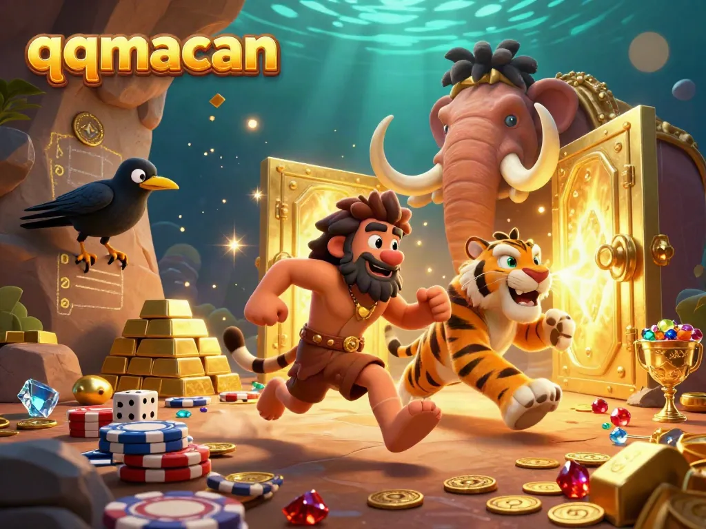 Experience thrilling casino action at qqmacan with a caveman and sabertooth duo amidst treasures and excitement.