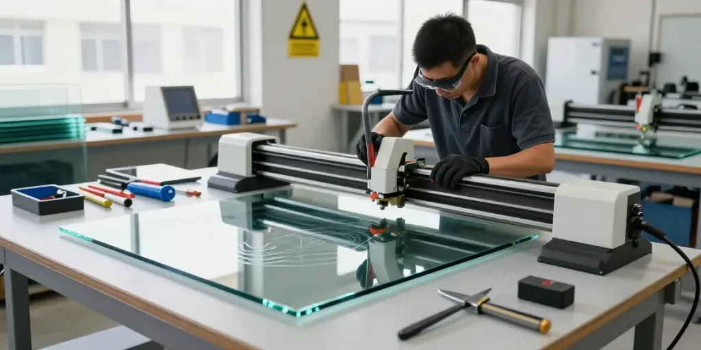 Glass cutting machine supplier showcasing a technician cutting precision glass in a modern workshop.