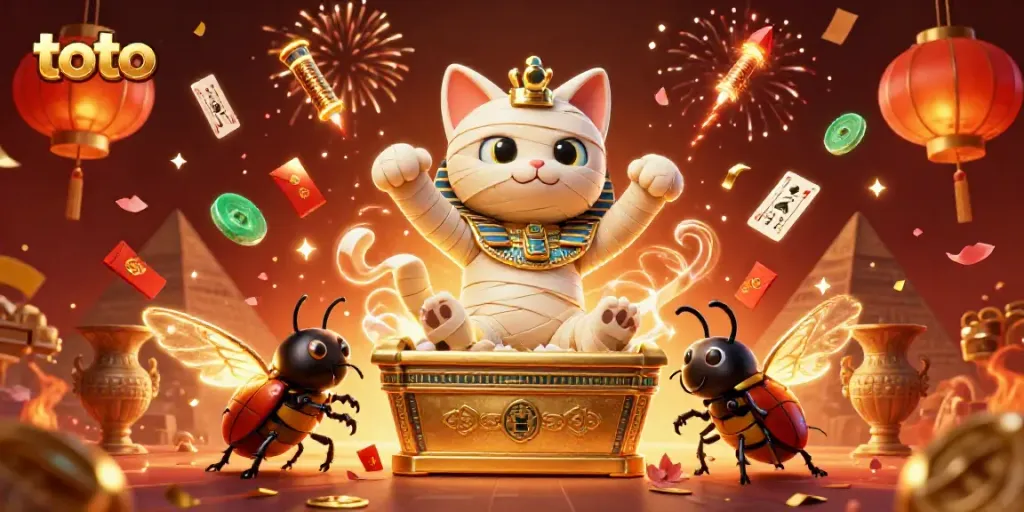 Experience thrilling gameplay with the toto gaming scene featuring an Egyptian mummy and animated casino elements.