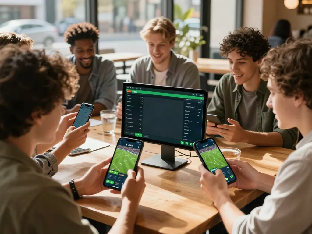 WWBOLA sports betting scene with friends analyzing live match odds.