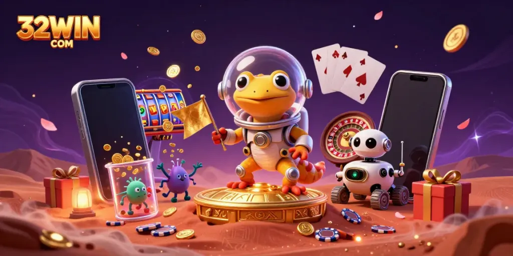 Engage with 32WIN COM as a Martian gecko discovers a golden casino amidst alien cheers and cosmic excitement.