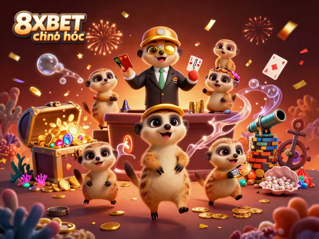 Experience 8XBET chính thức with meerkats managing a vibrant casino, blending fun elements seamlessly.