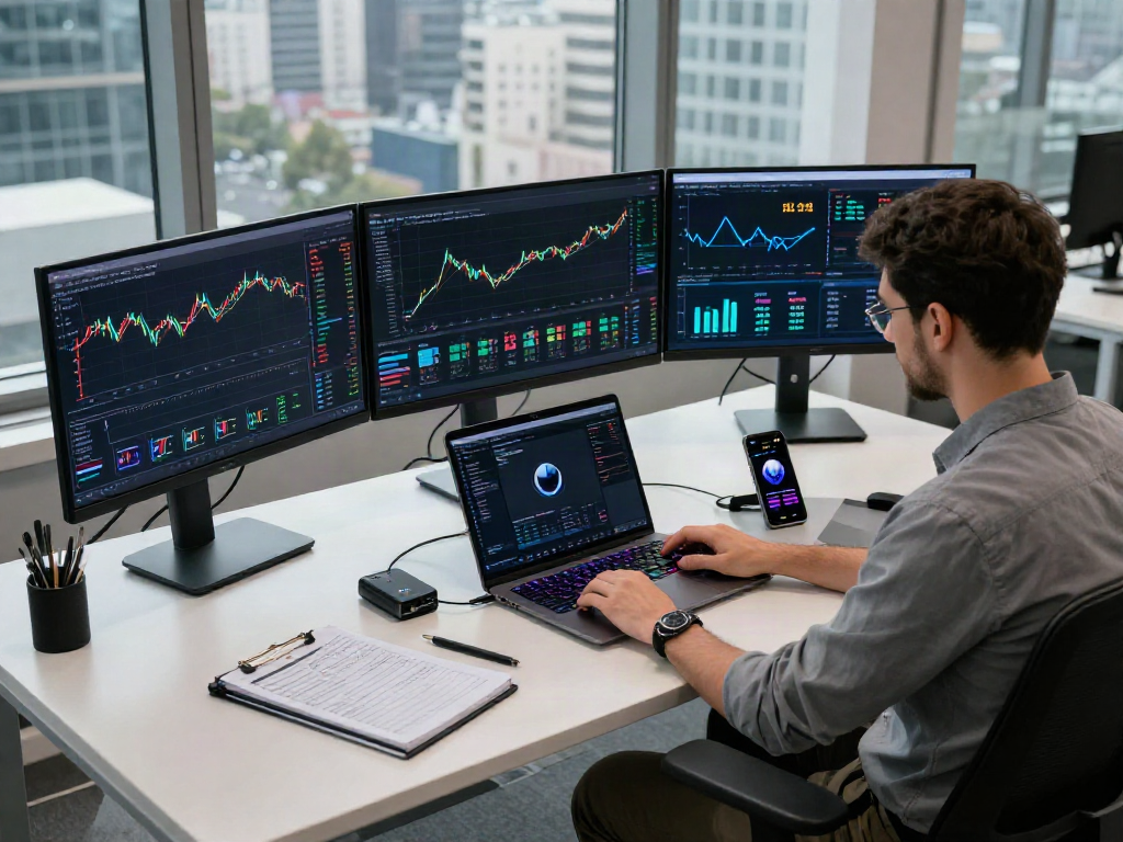 XXKK Exchange trading desk with cryptocurrency analysis and secure hardware setup in modern office environment