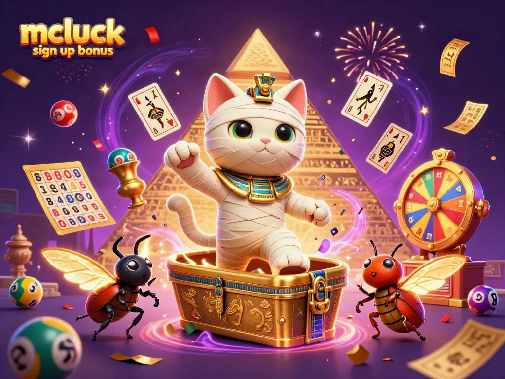 Experience the excitement of the mcluck sign up bonus with a vibrant illustration of a mummy cat and glowing scarab in a casino.