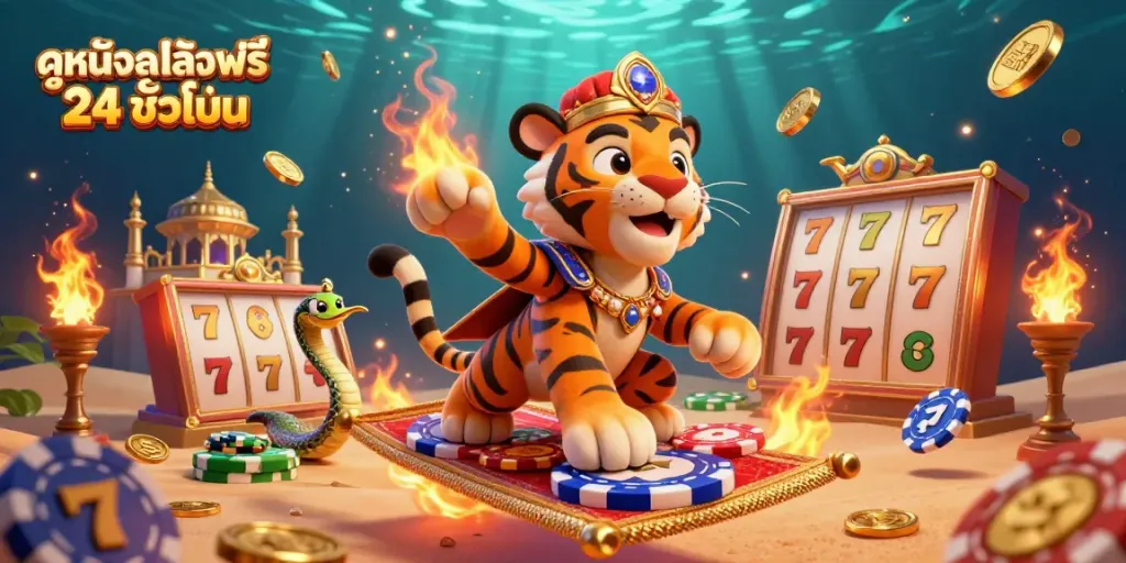 Experience the thrill with ดูหนังออนไลน์ฟรี 24 ชั่วโมง, featuring a tiger sultan amidst vibrant casino elements.