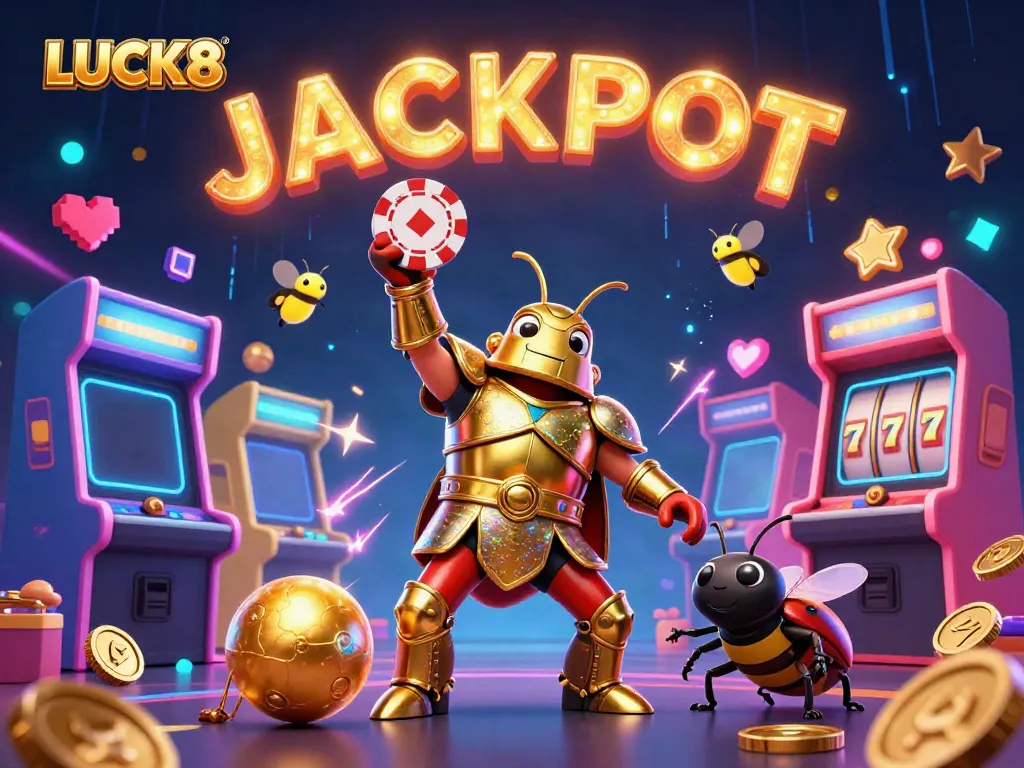 Spin and win big with LUCK8 in this dynamic casino-themed 3D illustration featuring a triumphant beetle and jackpot elements.