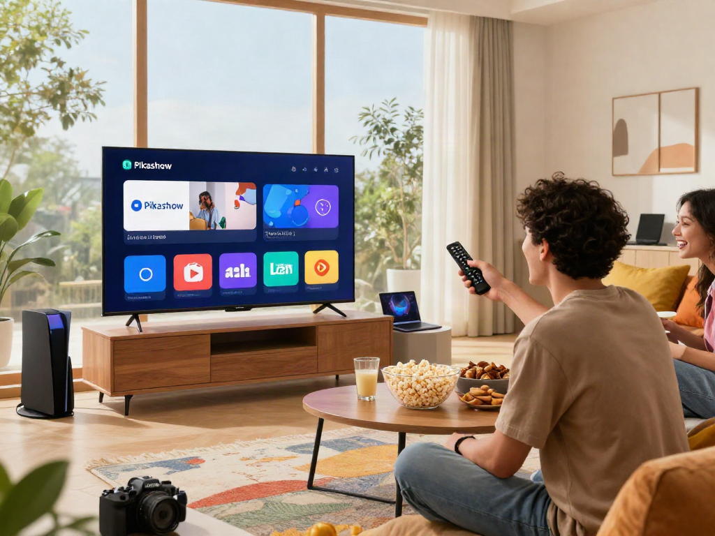 View of a cozy living room with friends watching the Pikashow streaming app on TV, surrounded by snacks and lively ambiance.