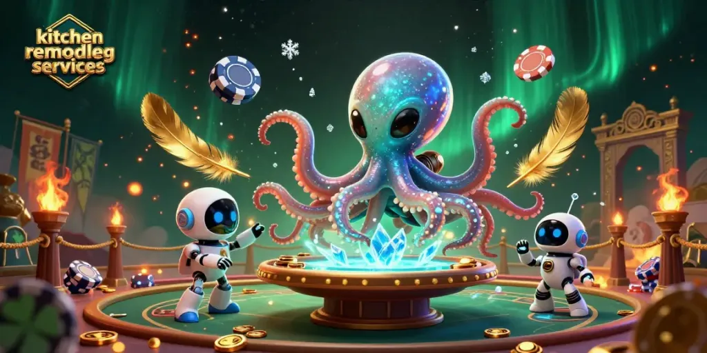 Engage with kitchen remodeling services featuring vibrant alien decor and cosmic poker excitement.