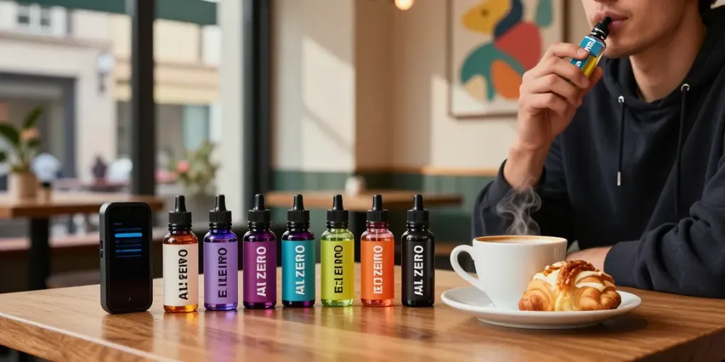 Enjoying Alt Zero E-Liquid 60ml in a cozy café setting.
