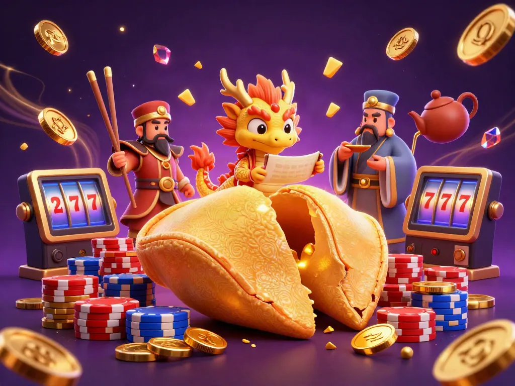 Experience the excitement of slot resmi with fortune cookies, dragons, and gold coins in this vibrant illustration.