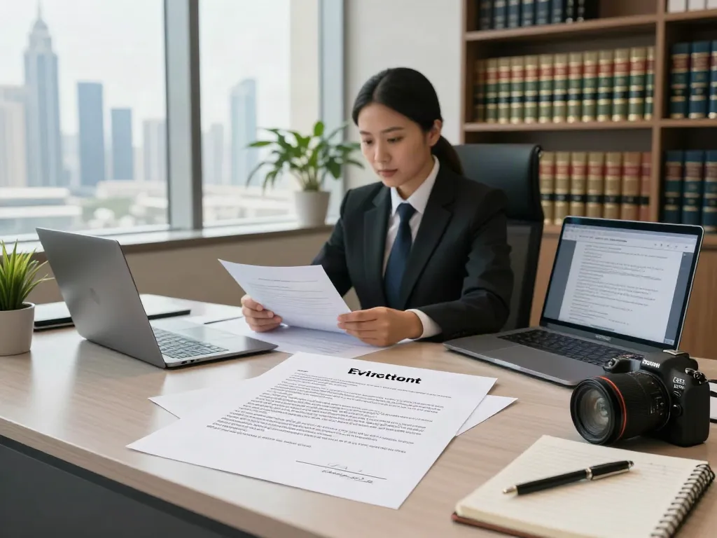 Tenant Eviction Lawyer Dubai analyzing legal documents in modern office.
