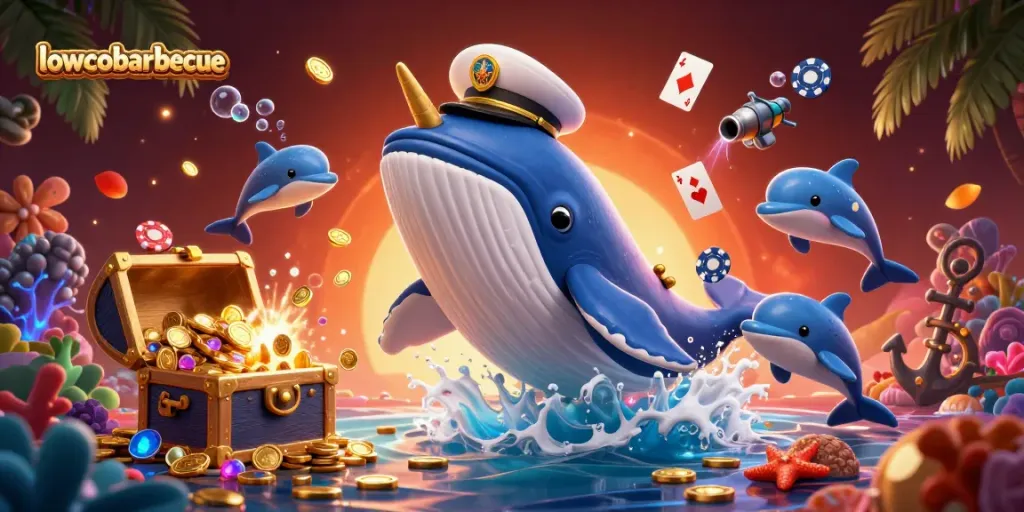 Experience lowcobarbecue's thrilling underwater jackpot scene with a whimsical whale and dolphins.